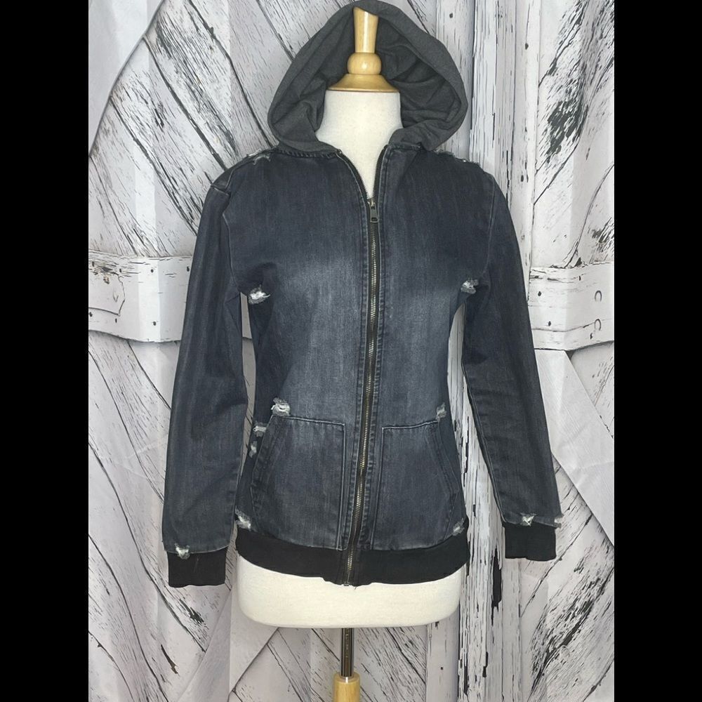 Distressed black denim hooded jacket S